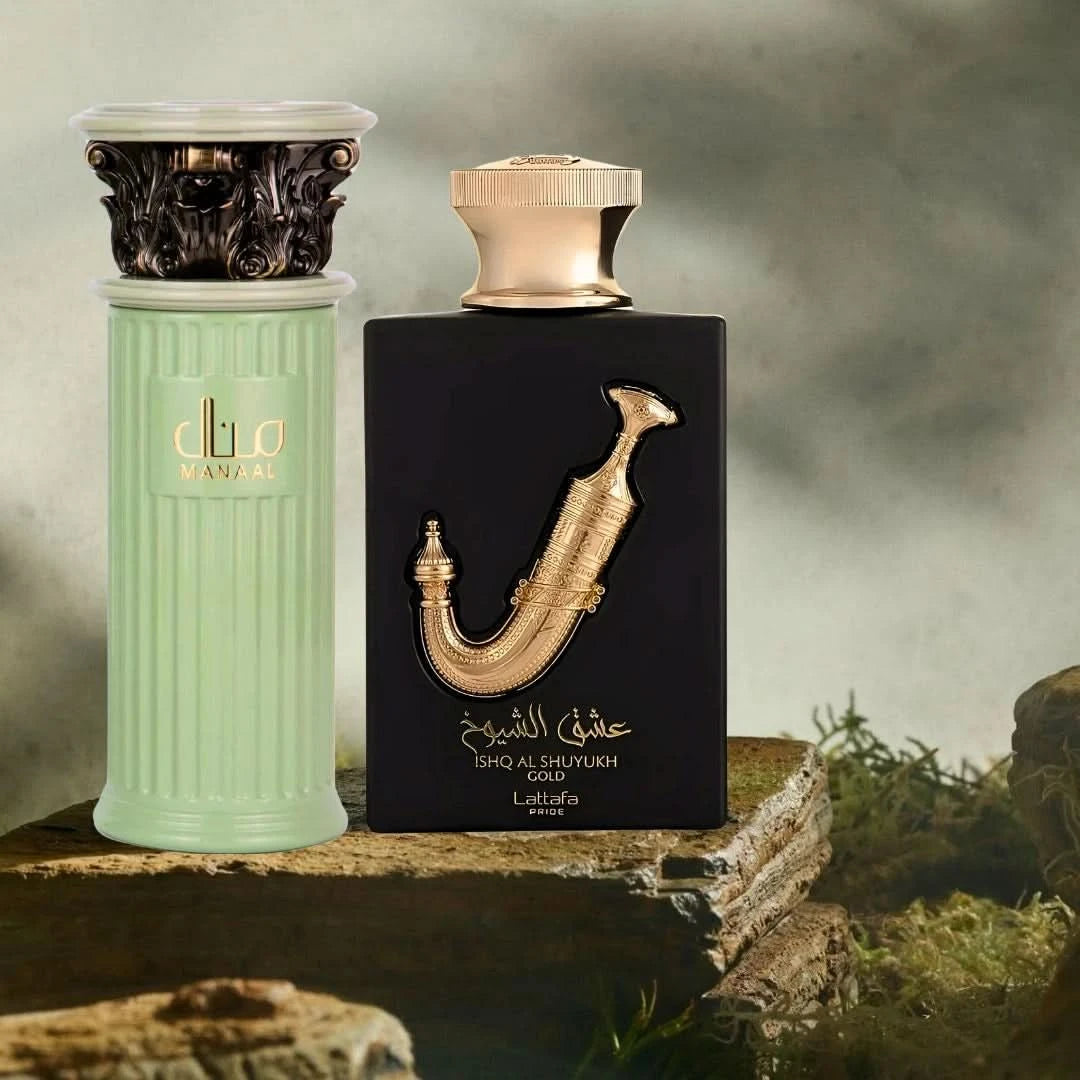 Bundle of two Lattafa Eau de Parfum sprays: Manaal by Ard Al Zaafaran and Ishq Al Shuyukh Gold, 100ml each, with elegant bottles.