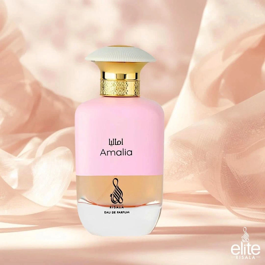 Amalia Eau de Parfum Spray by Elite Risala, 100ml bottle, elegant packaging, showcasing the perfume bottle with a floral design