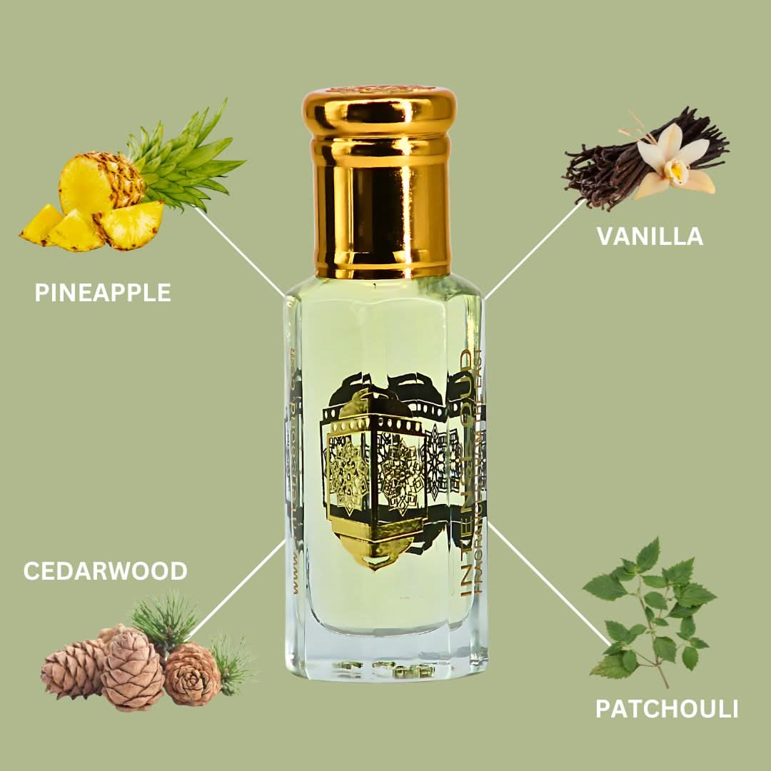 Intense Oud Majnoon Perfume Oil 12ml in black gift box, featuring a clear glass bottle with gold accents and aromatic loose oil.