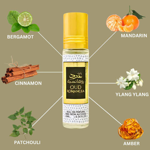 6PCS Oud Romancea Roll-On Perfume Oil - CPO 10ML (0.34OZ) by Ard Al Zaafaran | Long Lasting, Miniature Perfume Oil For Men & Women. (Pack Of 6) - Intense Oud