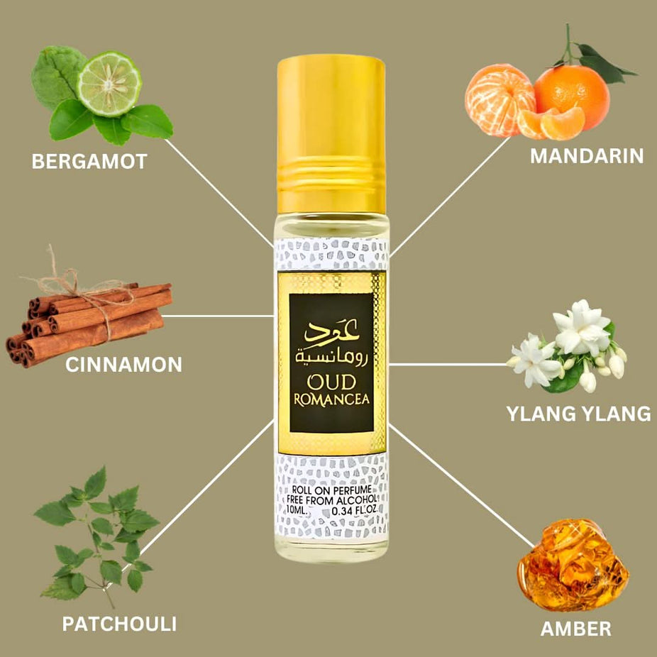 Three 10ml bottles of Ard Al Zaafaran Oud Romancea concentrated perfume oil, featuring elegant glass bottles with gold accents.