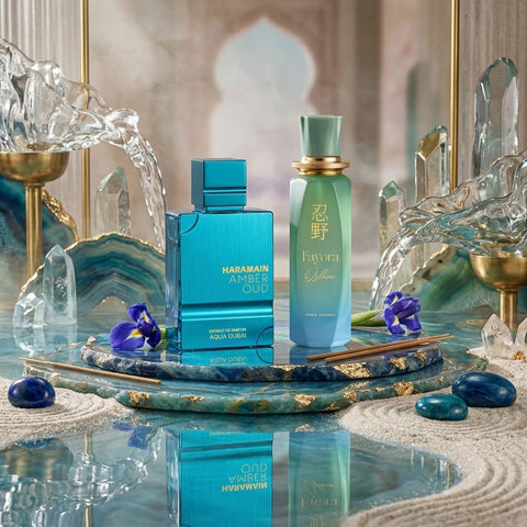 Amber Oud Aqua Dubai Extrait de Parfum By Al Haramain & Fayora Oshino Eau de Parfum by Paris Corner Sprays 100ml (3.4 oz) (Bundle)