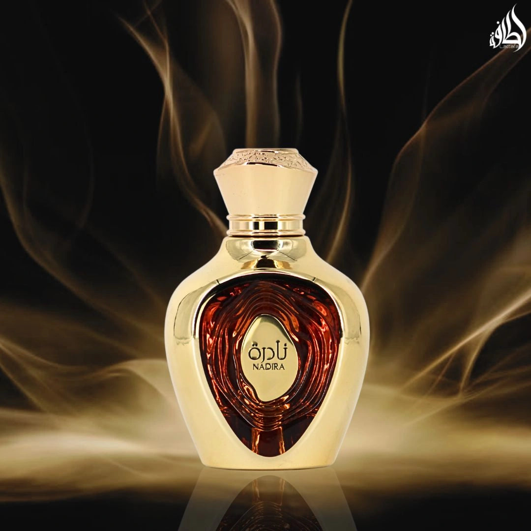 Niche Emarati Nadira Eau De Parfum Spray 100ml (3.4 oz) by Lattafa | Tropical Fruit. Caramel Kisses. Milk-Soaked. Heaven-Scented. - Intense Oud
