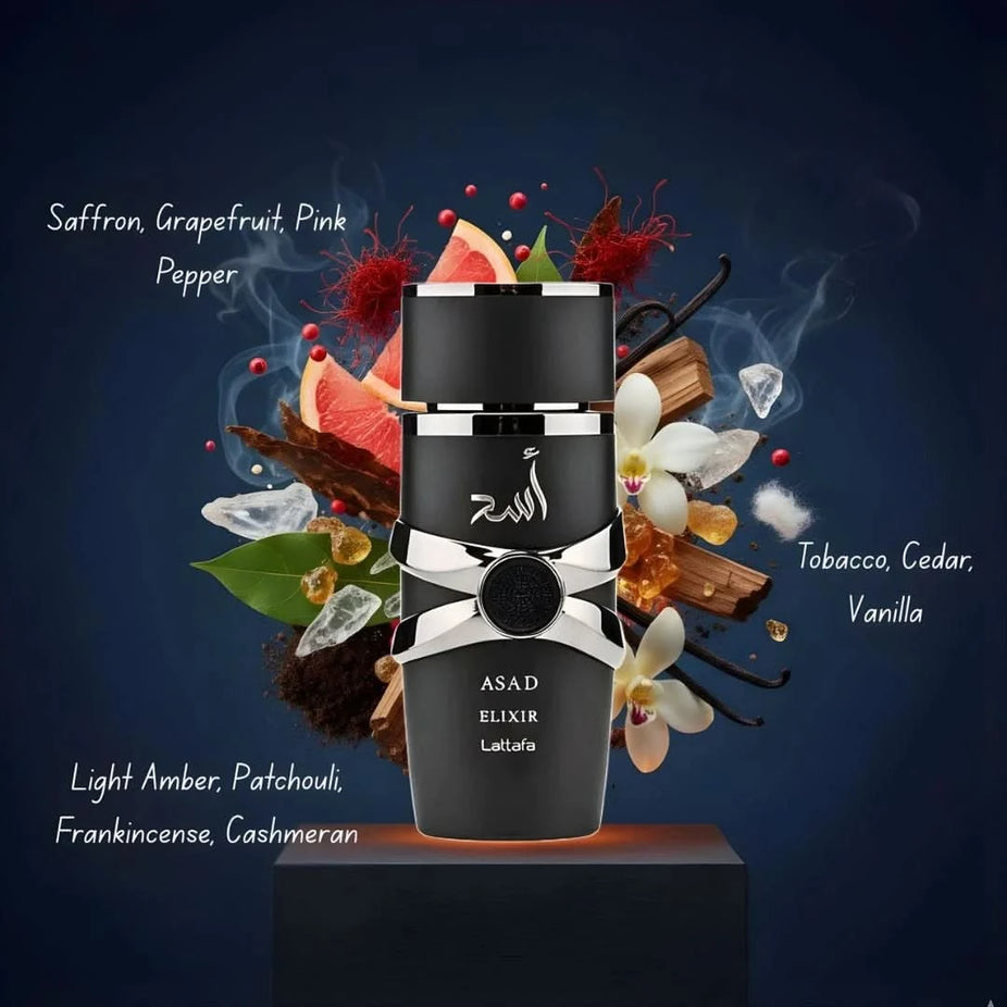 Bundle of three 100ml Eau de Parfum sprays including Hawas Ice by Rasasi, La Passion Blue by Intense Elite, and Asad Elixir by Lattafa.