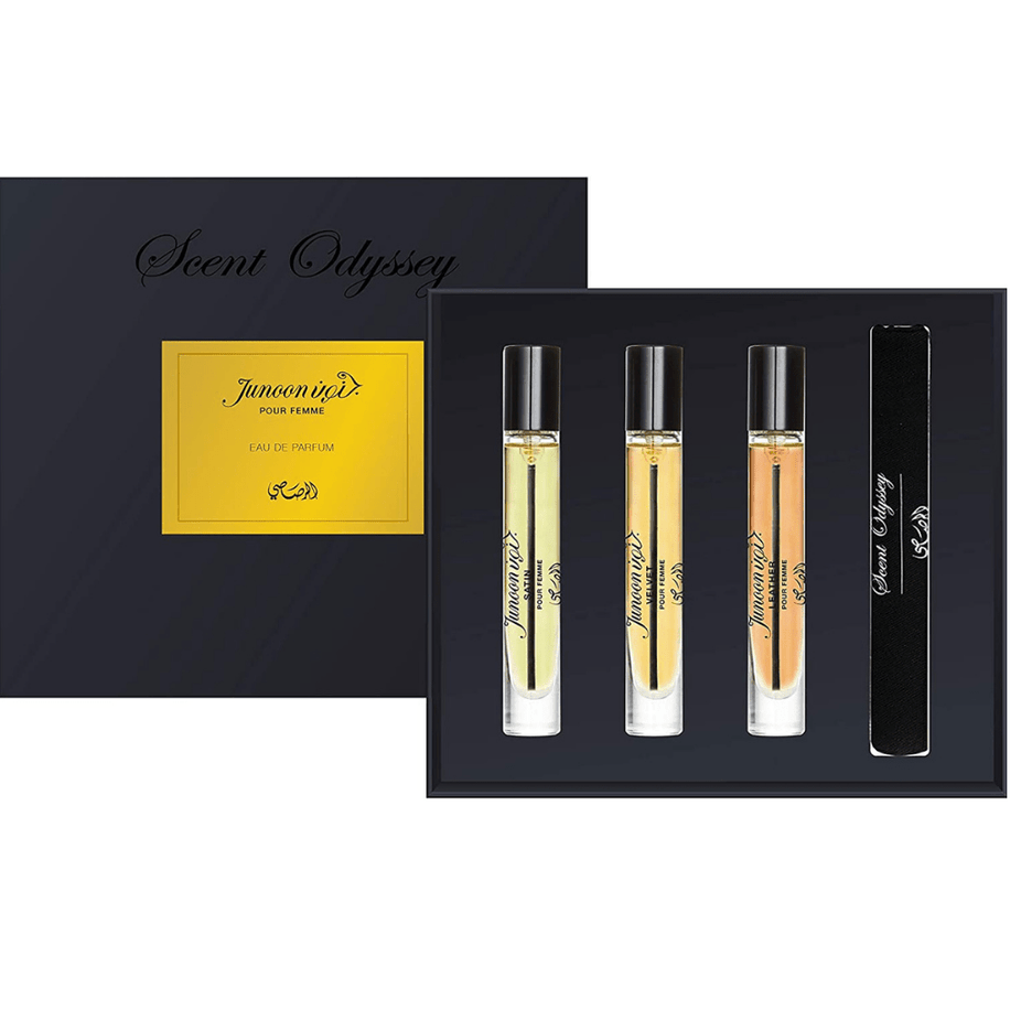 Set of three Rasasi Scent Odyssey Junoon pour Femme perfume bottles, 7.5ML each, in elegant gift packaging.