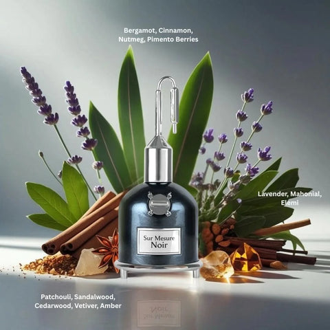 Lattafa Pride Sur Mesure Noir Eau De Parfum spray bottle, 100ml, with sleek black packaging and elegant design.