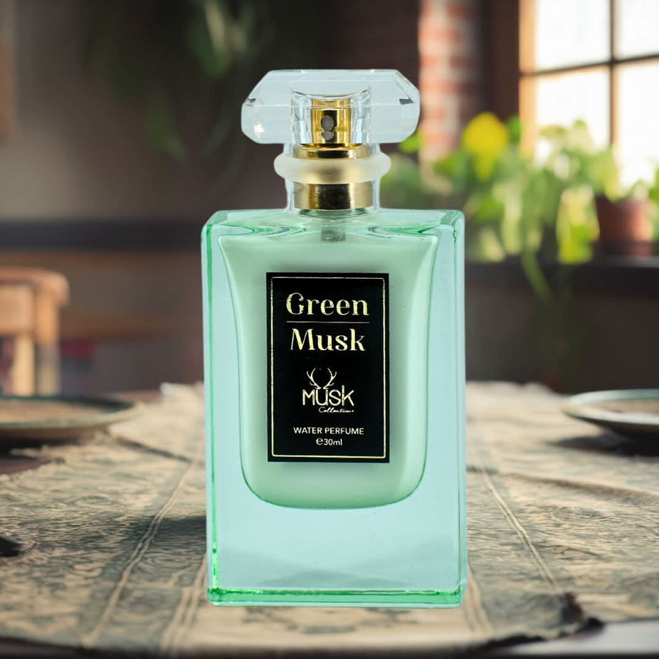Hamidi Green Musk Water Perfume spray, 30ml, with a refreshing, invigorating aroma in a sleek glass bottle.