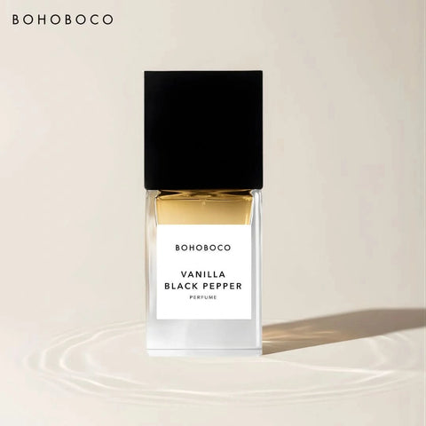 Bohoboco Vanilla Black Pepper Eau de Parfum spray bottle, 50ml, with black and vanilla-themed packaging and sleek design