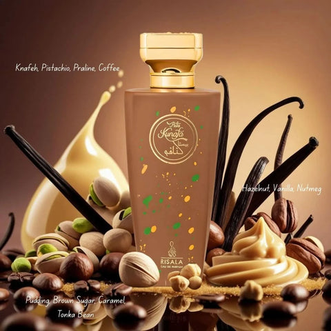RISALA Candelicious Pista Kunafa & Kefi Frappe Eau de Parfum sprays bundle, 100ml (3.4 oz), featuring elegant fragrance bottles.