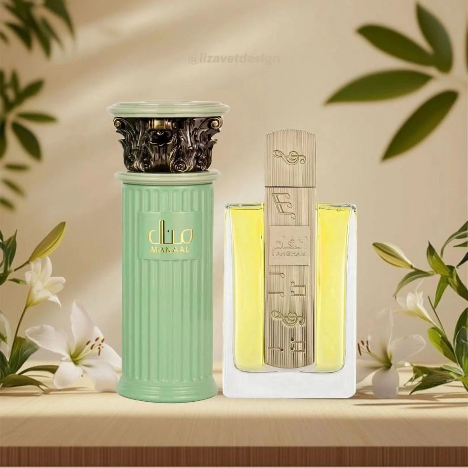 Bundle of two 100ml Lattafa Eau de Parfum sprays featuring Manaal by Ard Al Zaafaran and Angham, with elegant perfume bottles.