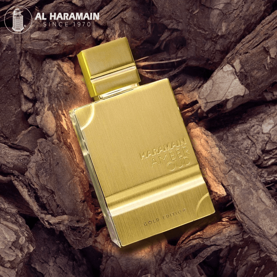 Amber Oud Gold Edition Eau de Parfum spray by Al Haramain, 60ml, featuring a luxurious amber and oud fragrance in a sleek bottle.