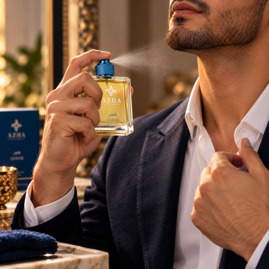 Azha Qamar Eau de Parfum spray bottle, 100ml, with elegant packaging and floral fragrance design.