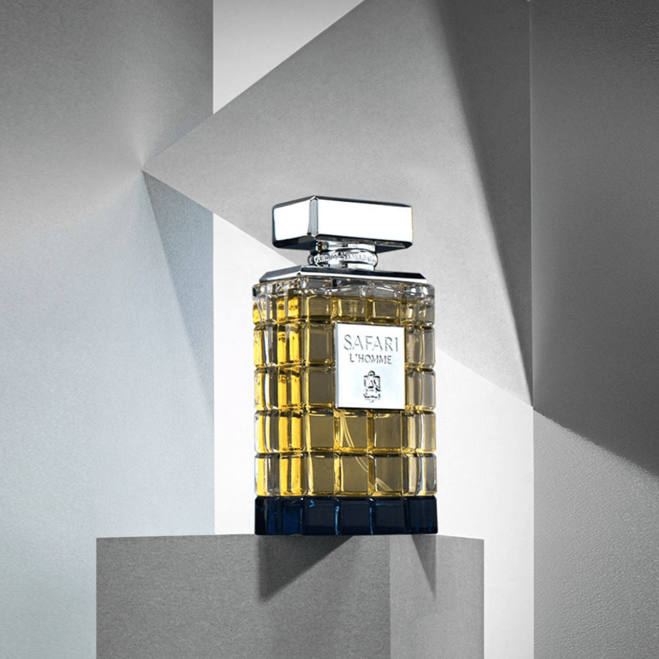 Safari L'Homme for Men EDP by ASQ, 75ML bottle featuring elegant glass with gold accents and the fragrance's name.