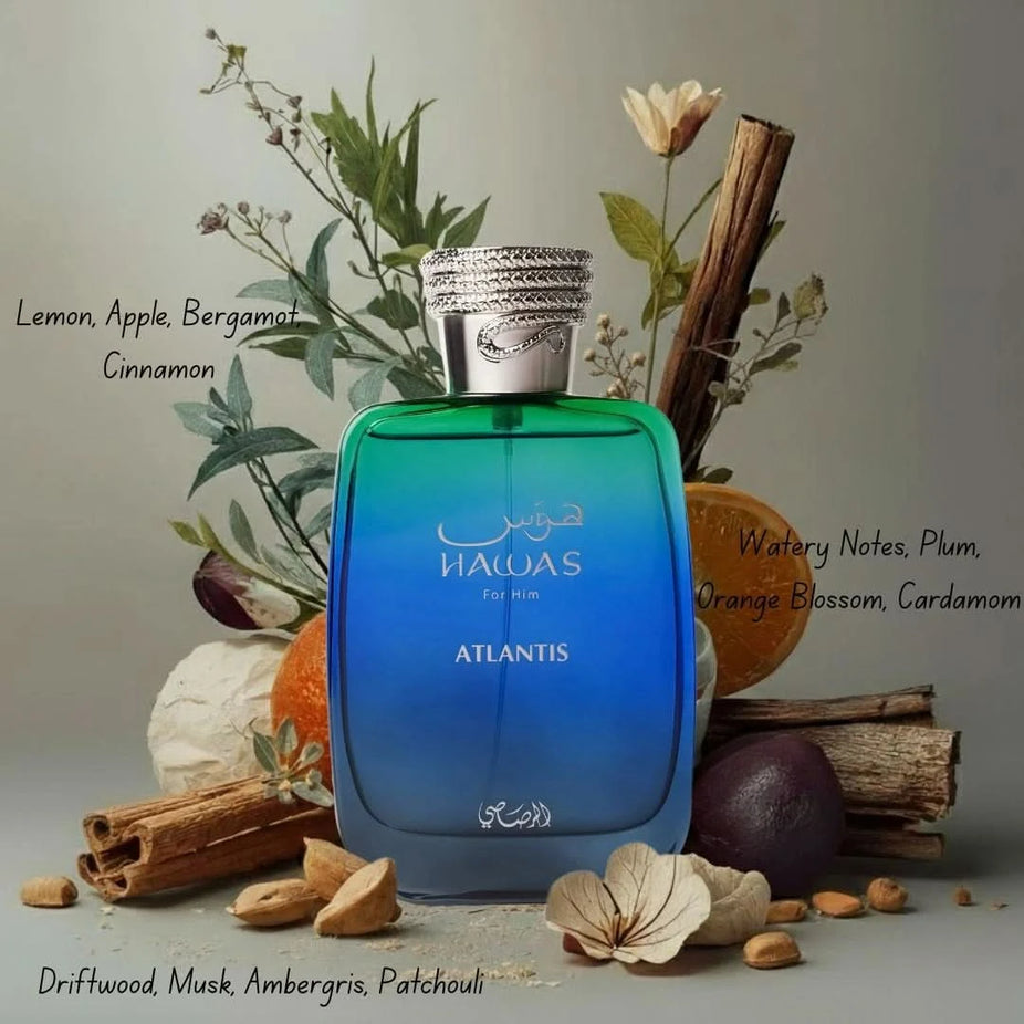 Rasasi Hawas Ice and Atlantis Eau de Parfum spray bundle, 100ml each, featuring sleek bottles with vibrant labels.