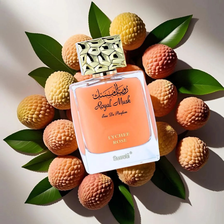 Surrati Royal Musk Lychee Rose Eau de Parfum spray bottle, 100ml, with elegant floral and musky scent design.