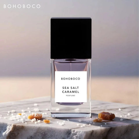 Bohoboco Sea Salt Caramel Eau de Parfum spray bottle, 50ml, with elegant packaging and a caramel-colored scent profile.