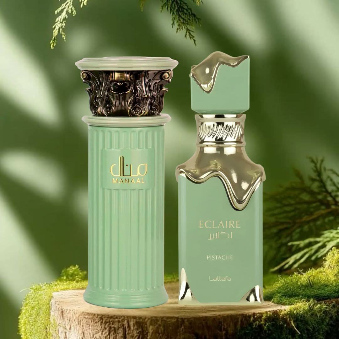 Bundle of Manaal by Ard Al Zaafaran and Eclaire Pistache by Lattafa Eau de Parfum sprays, 100ml bottles, elegant fragrance packaging