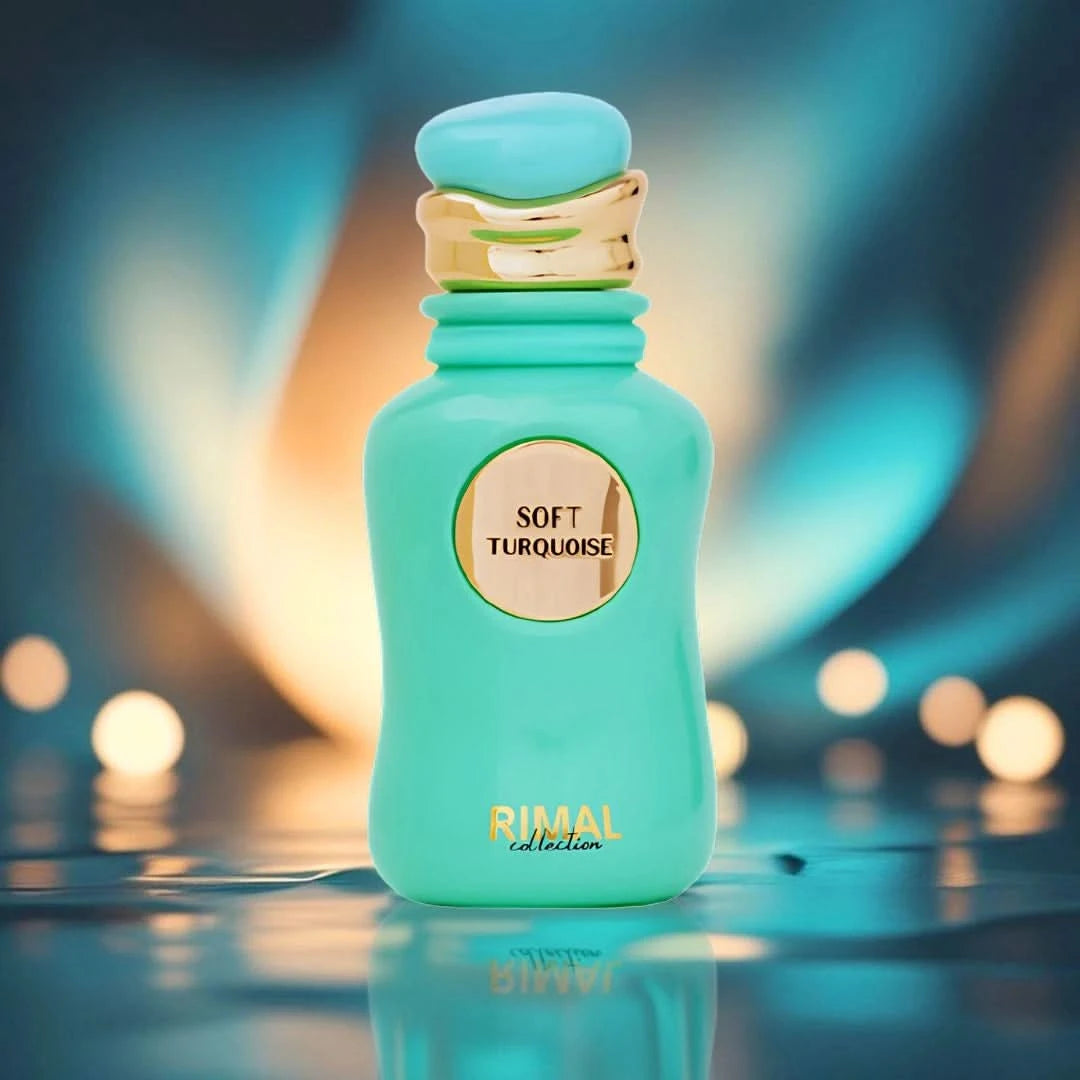 Soft turquoise Rimal Collection Eau de Parfum spray 100ml, elegant bottle of fragrant turquoise-colored EDP for women