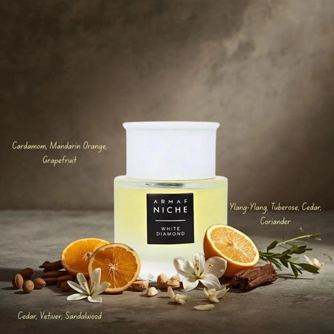 Armaf Niche White Diamond and Maison Alhambra Winsome perfume spray bundle, 100ml bottles, elegant packaging, ideal for fall date nights.
