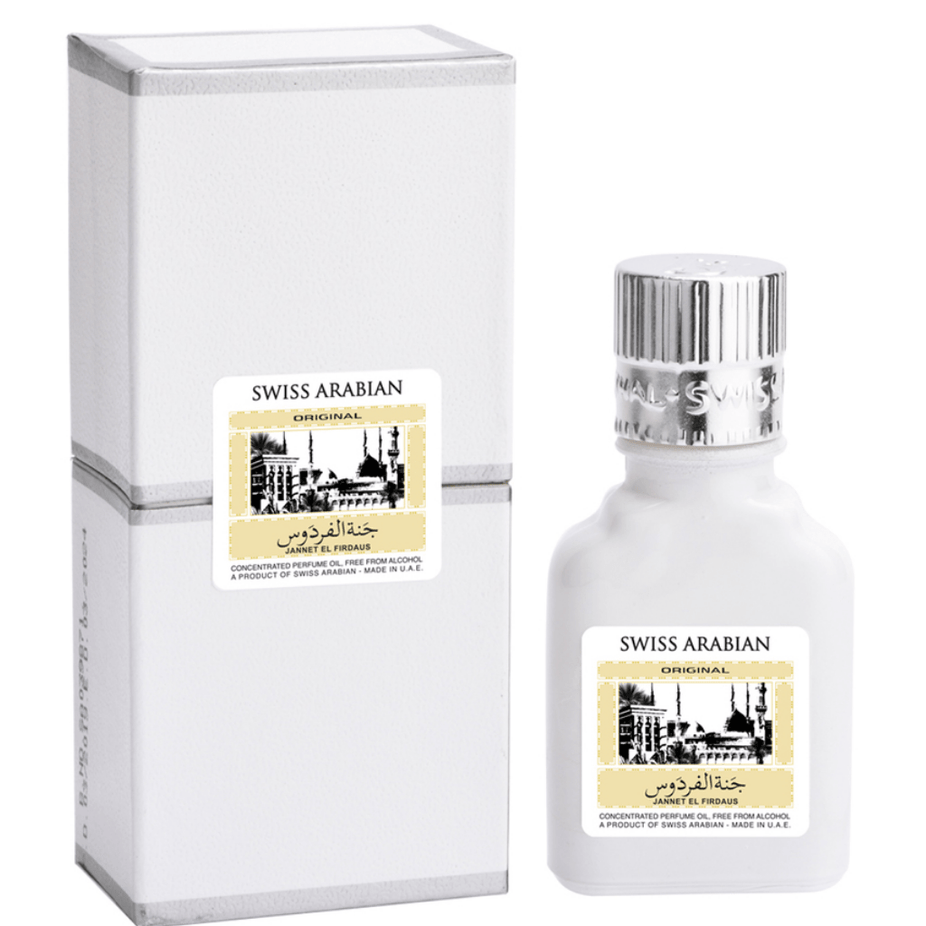 Swiss Arabian Jannet El Firdaus white perfume oil in a 9ml CPO bottle with elegant packaging and branding.