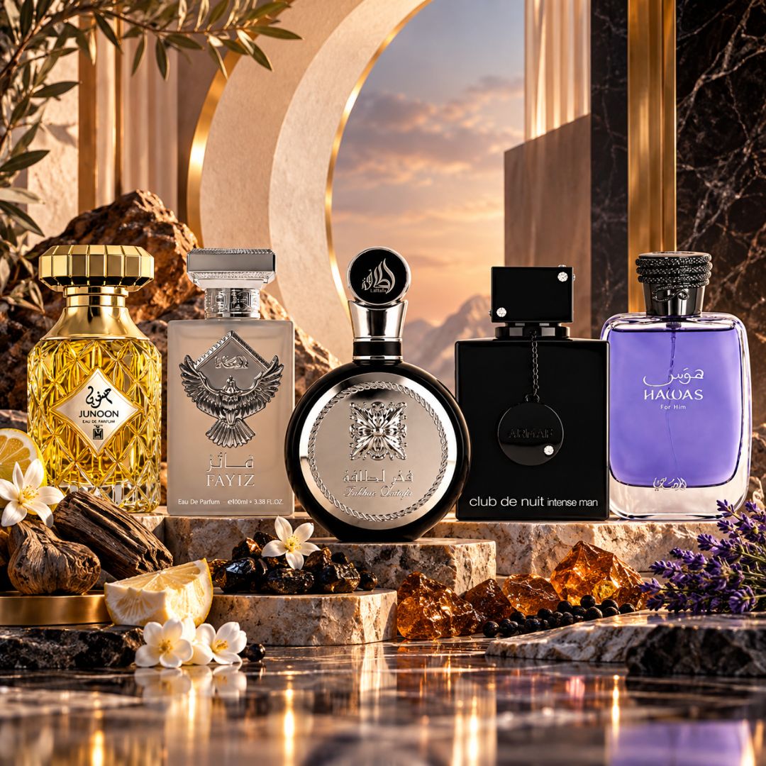 Bundle of men's Eau de Parfum sprays including Fakhar Men, Fayiz, Hawas Men, Club de Nuit Intense, Junoon Desire by Aura, all by Intense Oud.
