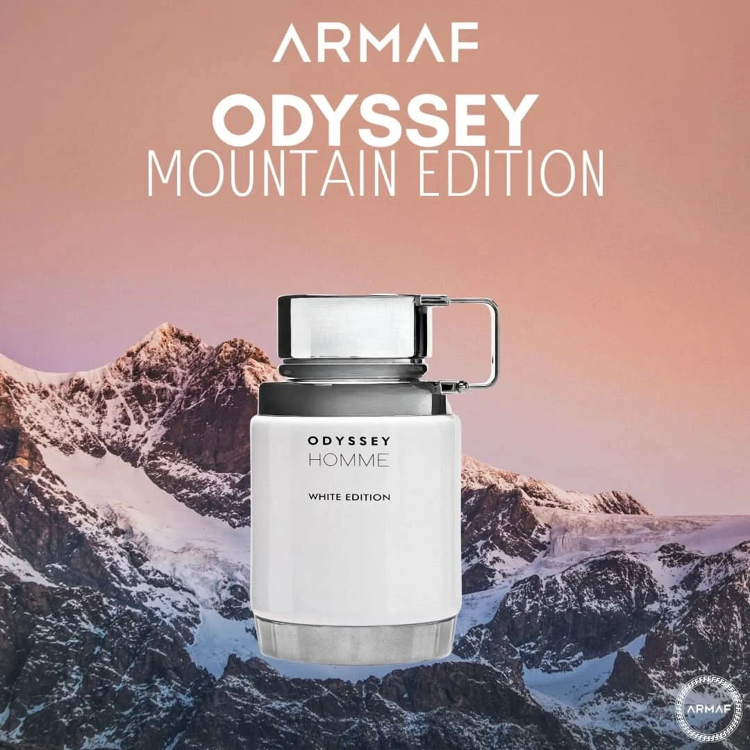 Armaf Odyssey Eau de Parfum Mountain Edition spray bottle with velvet pouch, 100ml, featuring mountain-inspired design.