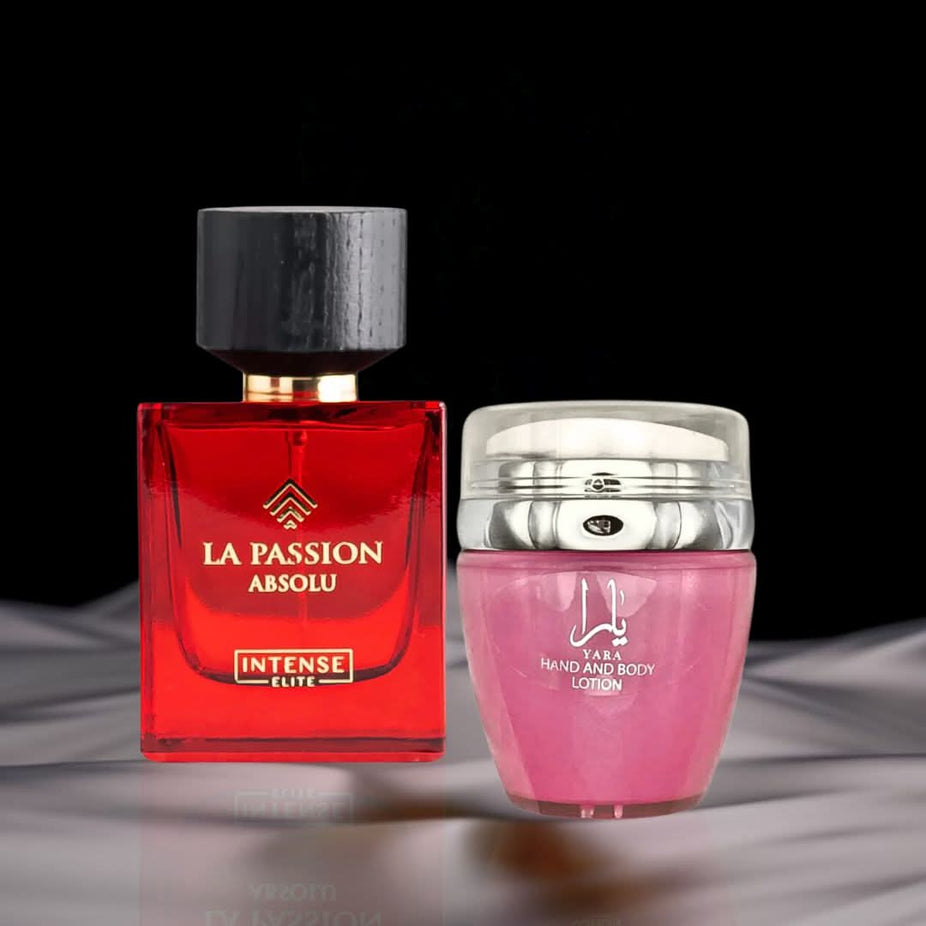 Yara Hand & Body Lotion 45ml and La Passion Absolu Eau de Parfum 100ml by Intense Oud in a beauty bundle.