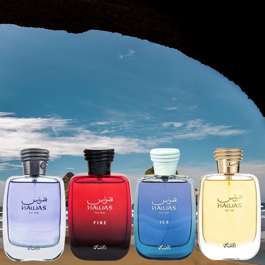 Rasasi Hawas for Him, Hawas Ice, Hawas Fire, and Hawas for Her Eau de Parfum sprays 100ml collection bottles.