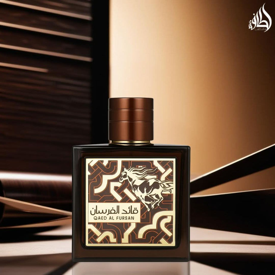 Qaed Al Fursan Untamed Eau de Parfum spray by Lattafa, 90ml bottle, elegant packaging with a sleek design.