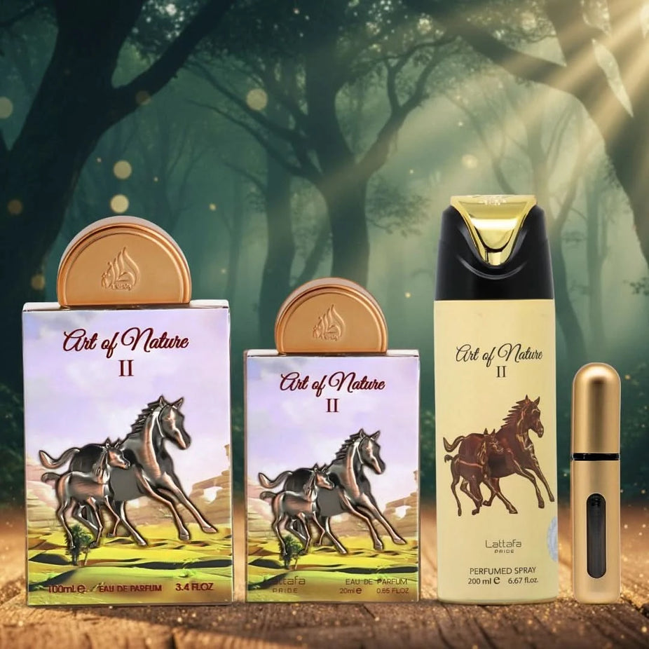 Lattafa Pride Art of Nature II 3-piece perfume gift set with elegant bottles, perfect for gifting or personal use.