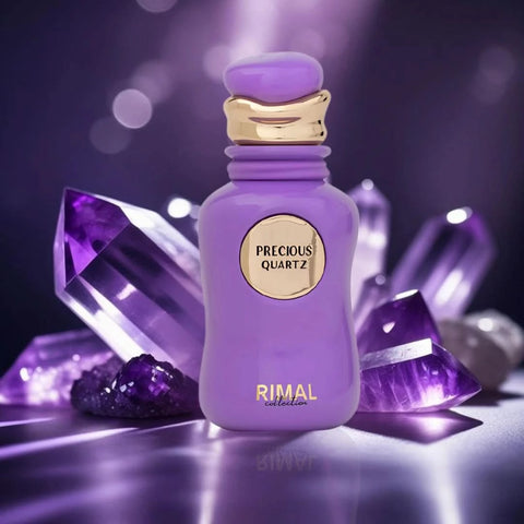 Precious Quartz Eau de Parfum spray by Rimal Collection, 100ml bottle with sleek glass design and elegant cap.