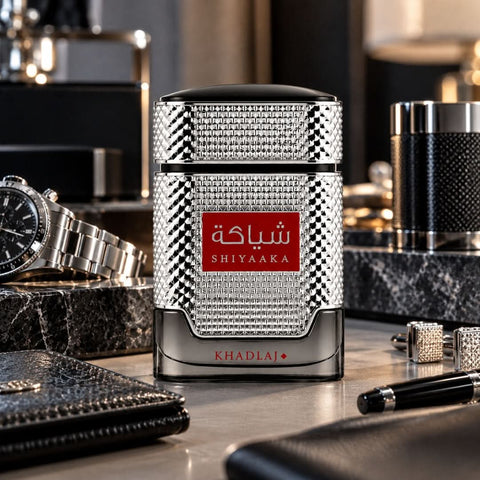 Shiyaaka Silver Eau de Parfum Spray 100ml by Khadlaj in a sleek silver fragrance bottle