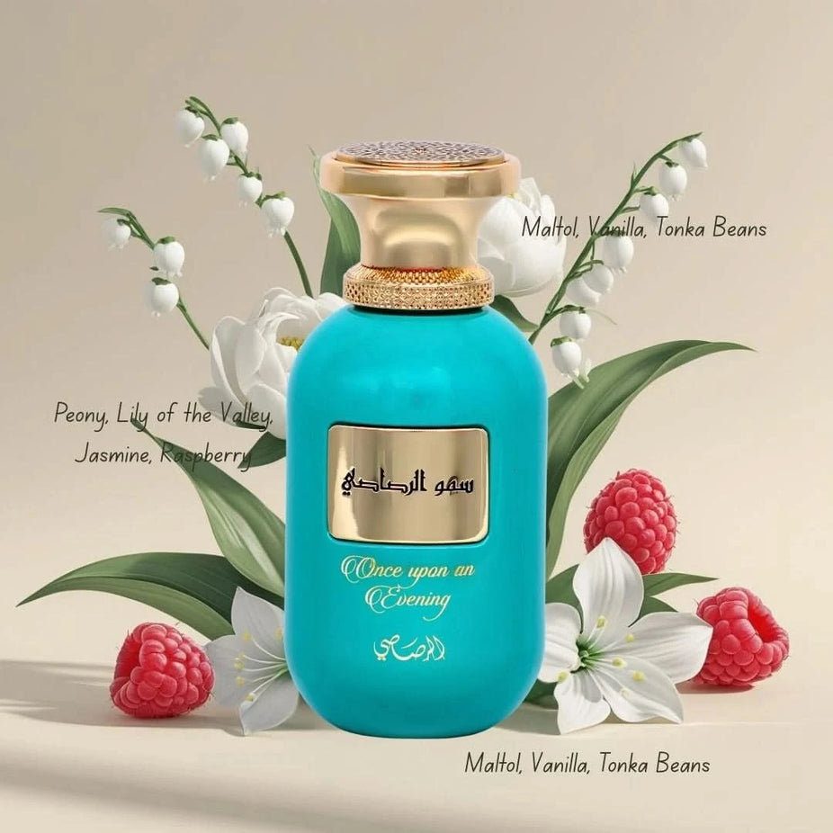 Bundle of Rasasi Somow Al Rasasi The Love Stream, Latona, and Once Upon an Evening Eau de Parfum sprays, 100ml each, with elegant bottles.
