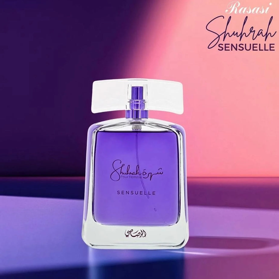 Rasasi Shuhrah Sensuelle Pour Femme Eau de Parfum spray 90ml with elegant perfume bottle and floral design