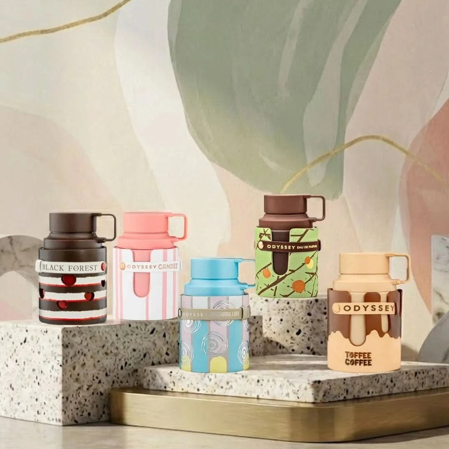 Armaf Odyssey perfume bundle featuring Marshmallow, Candee, Dubai Chocolat, Toffee Coffee, and Black Forest Eau de Parfum sprays in 100ml bottles