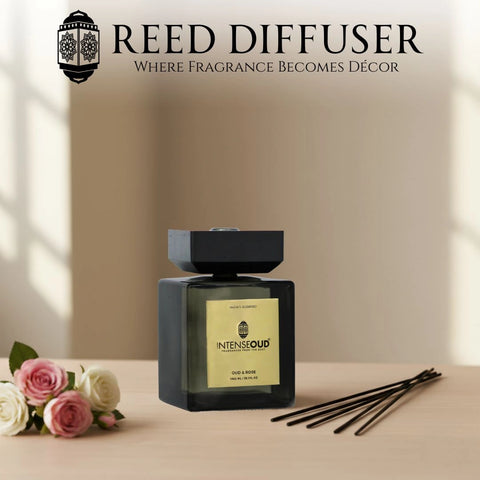 INTENSE OUD Reed Diffuser, Oud Rose – 1000ml (35.1 oz) – Fragrance for Up to 90 Days – Reusable, Refillable Glass Holder, Includes 6 All-Natural Reed Sticks
