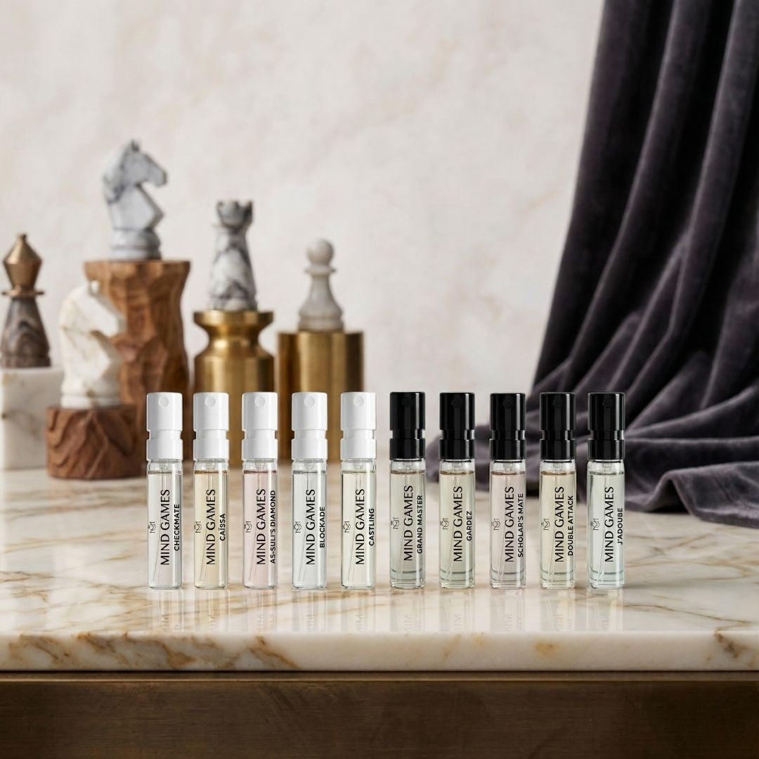 Mind Games Artisan Collection 10-piece sample discovery set with 2ml vials, showcasing colorful, handcrafted scent samples.