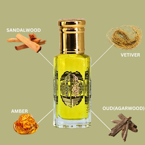 Intense Oud Santal Wood perfume oil 12ml in black gift box, featuring a clear glass bottle with black cap and amber-colored oil inside.