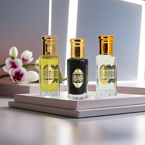 Bundle of Noble Fruits Bloom and Aphrodisiac perfume oils by Intense Oud in 12ml bottles with black gift box.