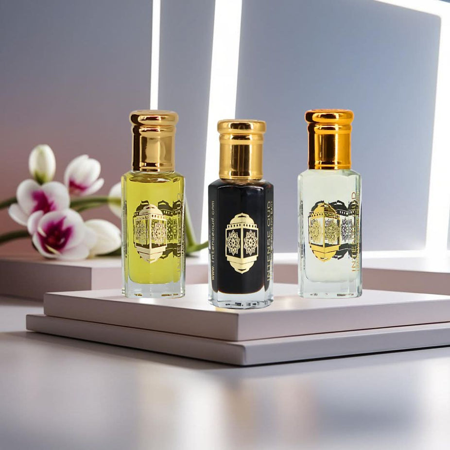 Bundle of Noble Fruits Bloom and Aphrodisiac perfume oils by Intense Oud in 12ml bottles with black gift box.