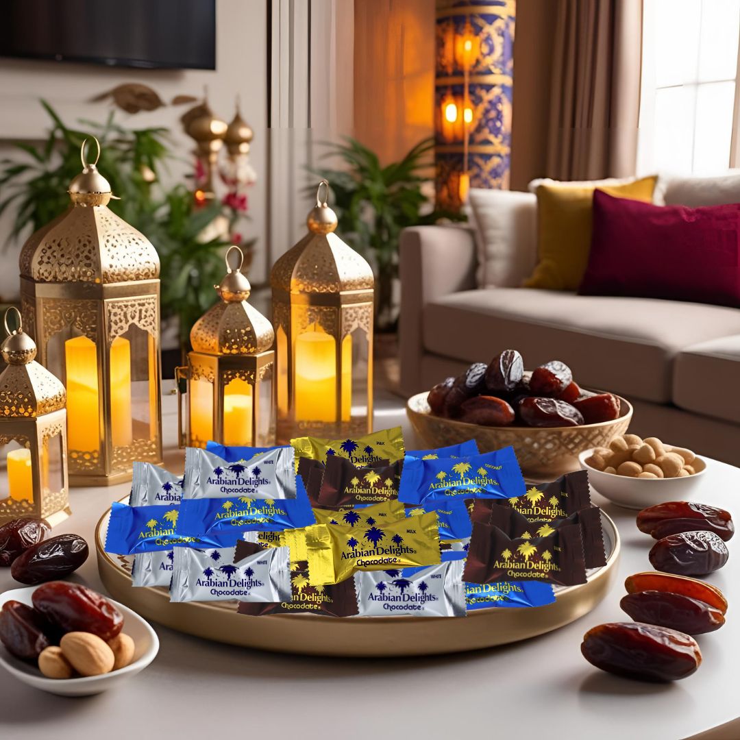 Arabian Delights Chocodate Assorted Pouch 460 GMS by Intense Delish | A Variety of Milk, Dark, White & Coconut Flaked Chocolates with Almond-Stuffed Dates Coated in Chocolate. - Intense Oud