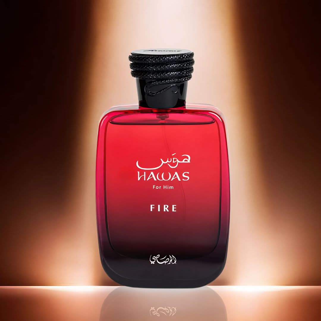 Rasasii Hawas Fire for Him Eau de Parfum spray in 100ml bottle, featuring sleek design and vibrant branding.