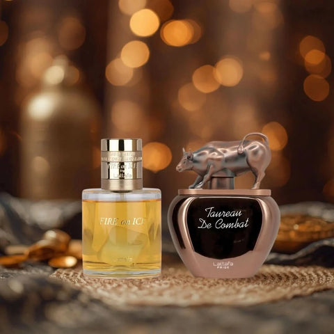 Lattafa Fire On Ice 110ml and Taureau De Combat 100ml Eau de Parfum spray bundle, featuring sleek glass bottles and modern design.