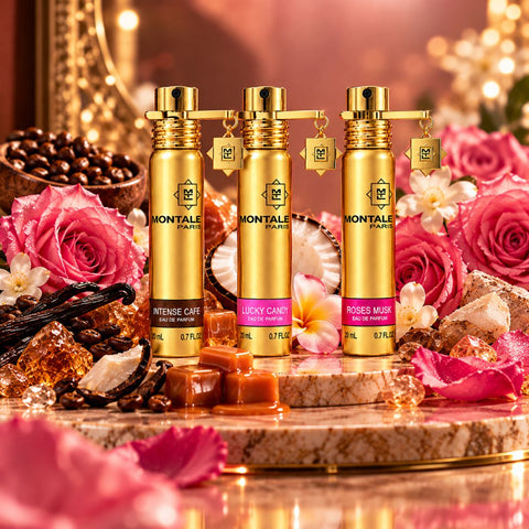 Viral Gourmand Travel Fragrance Set — Lucky Candy, Roses Musk & Intense Café 20ml Eau de Parfum Sprays by Montale