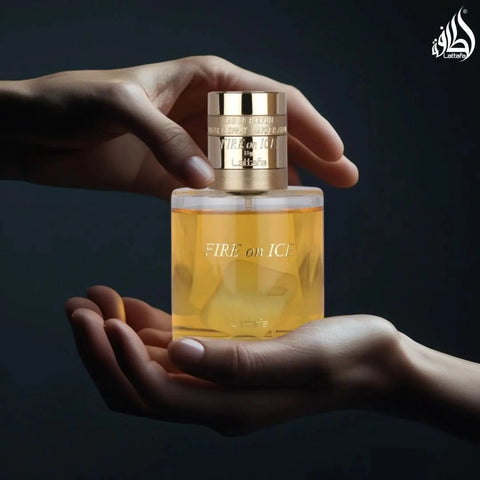 Lattafa Fire On Ice Eau de Parfum spray in a sleek 110ml bottle, displayed with a velvet pouch.