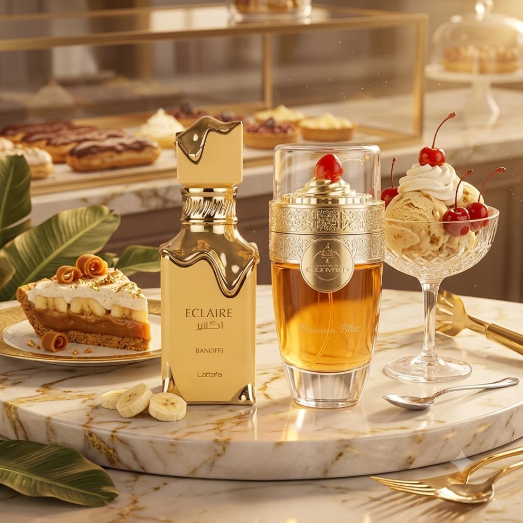 Bundle of 100ml Lattafa Eclaire Banoffi and Paris Corner Banana Bliss Eau de Parfum sprays, featuring fruity and sweet fragrance bottles.