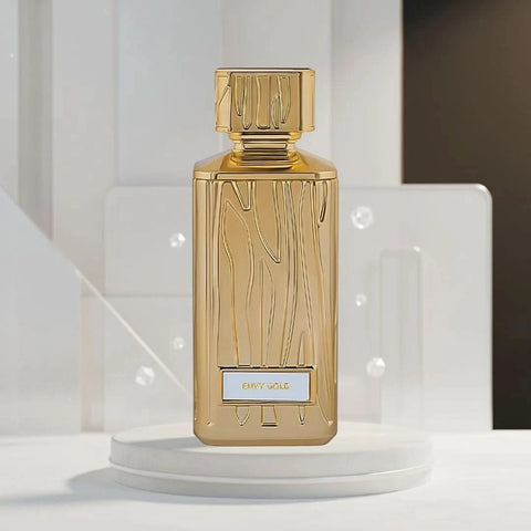 Hamidi Envy Gold Eau de Parfum spray 100ml bottle with gold accents and elegant packaging, showcasing luxury fragrance design.
