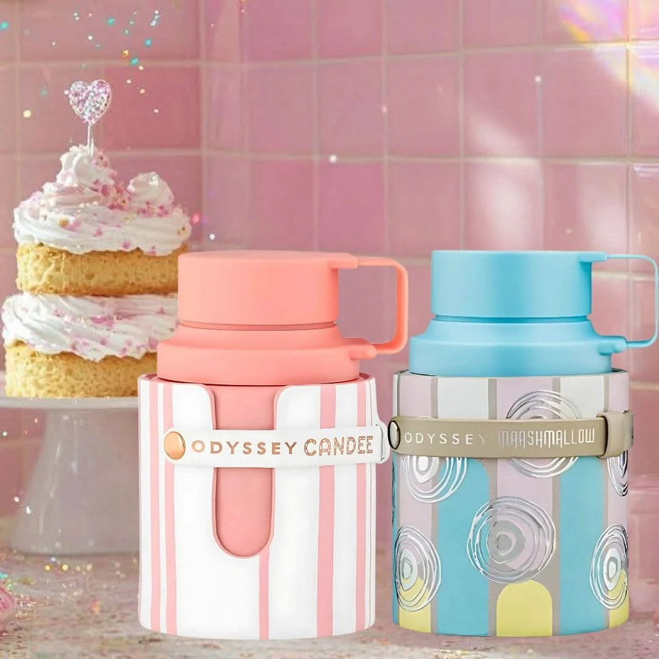 Odyssey Candee and Marshmallow Eau de Parfum sprays by Armaf in a 100ml bundle, featuring sleek bottles with elegant perfume design