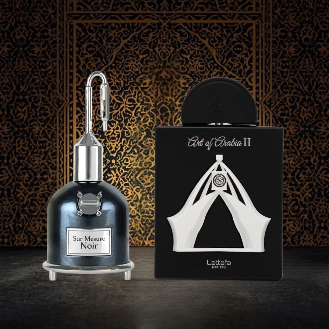 Lattafa Sur Mesure Noir & Art Of Arabia II Eau de Parfum sprays in 100ml bundle, featuring sleek bottles and elegant fragrance designs.