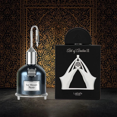 Lattafa Sur Mesure Noir & Art Of Arabia II Eau de Parfum sprays in 100ml bundle, featuring sleek bottles and elegant fragrance designs.